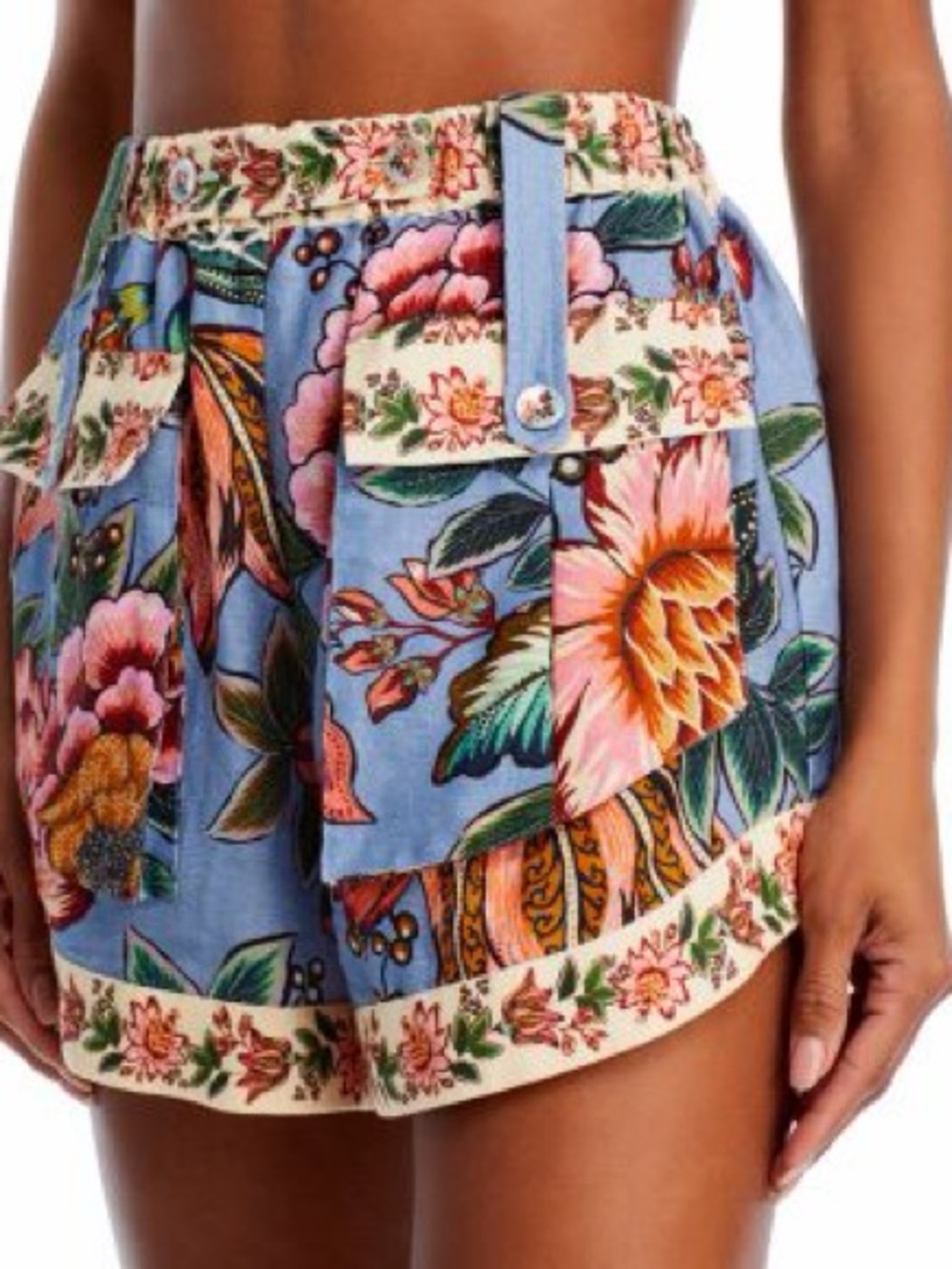 Farm Rio wonderful bouquet linen Floral Print Blue High-Waist Women’s Shorts